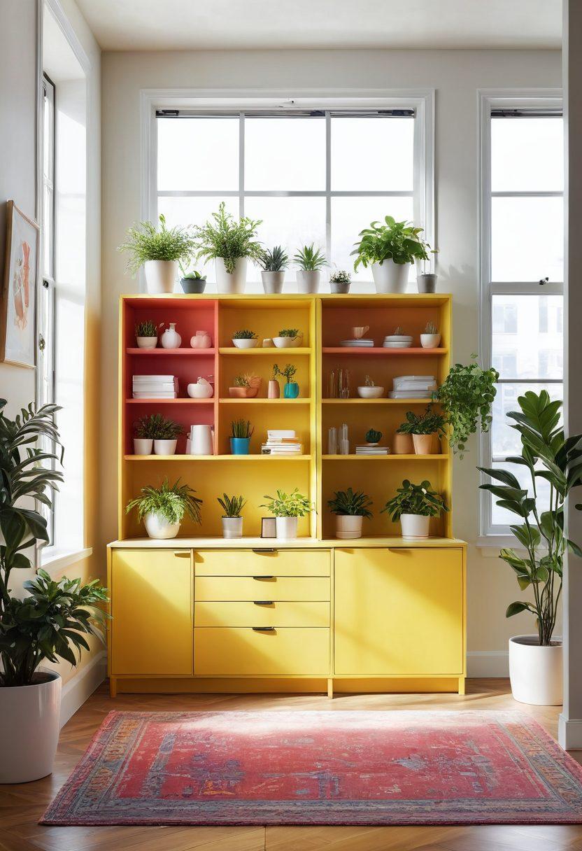 A bright, airy room featuring innovative cabinet solutions that create a clutter-free environment. Include colorful, stylish cabinets, with plants and cheerful decor elements, showcasing organization that enhances home aesthetics. Sunlight streaming through a window, illuminating the space. The scene should invite a sense of joy and creativity in storage. vibrant colors. super-realistic.