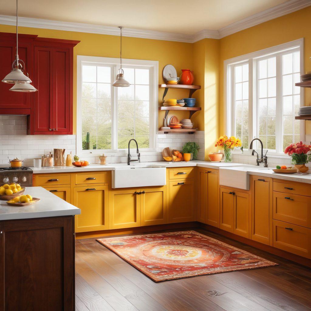 A bright and cheerful kitchen showcasing exquisite cabinetry solutions, featuring rich wooden textures and vibrant colors, surrounded by sunny flowers and natural light pouring through large windows. Include cozy decorative elements like colorful dishes and cheerful artwork on the walls, conveying a joyful atmosphere. super-realistic. vibrant colors. warm lighting.