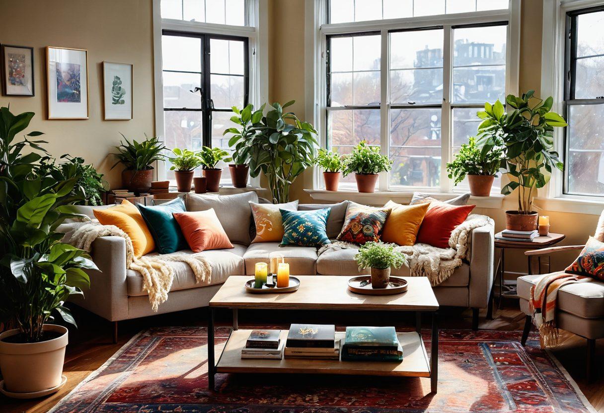 A cozy, warmly-lit living room featuring an inviting sofa adorned with colorful cushions, houseplants scattered throughout, and a beautifully arranged coffee table with books and candles. The walls showcase artwork that inspires joy, and a soft rug adds warmth to the space. Sunlight streams through large windows, creating a cheerful atmosphere. super-realistic. vibrant colors. cozy vibes.